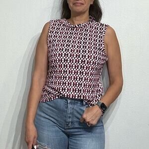Red Pattern Sleeveless Turtleneck Blouse Sz L